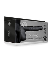 Shots Ouch 8&quot; Ribbed Hollow Strap On w/Balls - Black