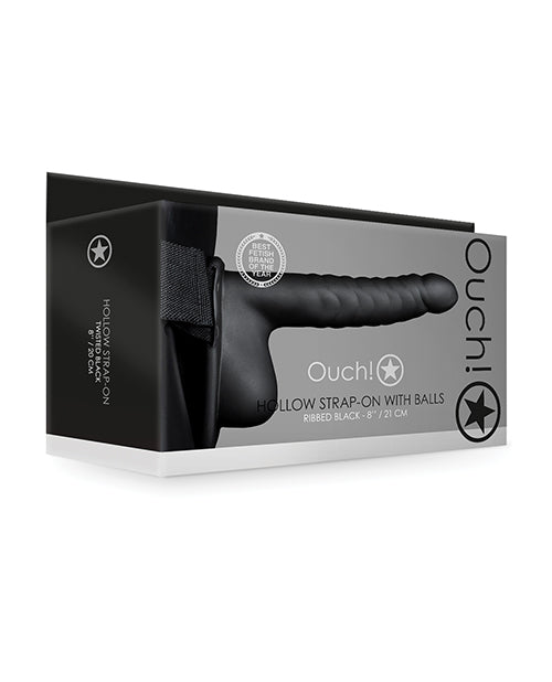 Shots Ouch 8&quot; Ribbed Hollow Strap On w/Balls - Black