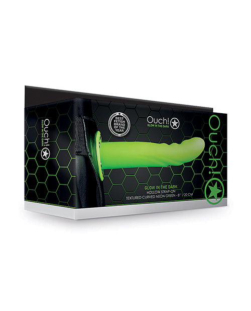 Shots Ouch 8&quot; Textured Curved Hollow Strap On - Glow in the Dark