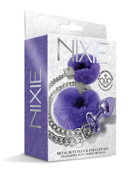 Nixie Metal Butt Plug w/Inlaid Jewel &amp; Fur Cuff Set - Purple Metallic