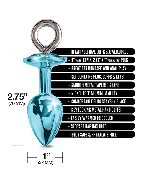 Nixie Metal Butt Plug w/Inlaid Jewel &amp; Fur Cuff Set - Blue Metallic