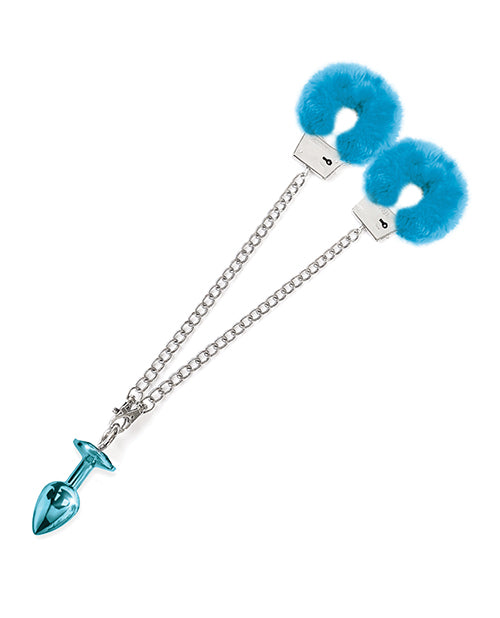 Nixie Metal Butt Plug w/Inlaid Jewel &amp; Fur Cuff Set - Blue Metallic