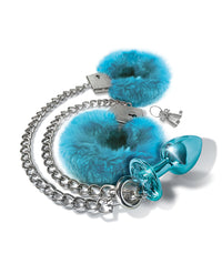 Nixie Metal Butt Plug w/Inlaid Jewel &amp; Fur Cuff Set - Blue Metallic