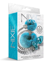 Nixie Metal Butt Plug w/Inlaid Jewel &amp; Fur Cuff Set - Blue Metallic