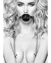 Shots Ouch Black &amp; White Breathable Ball Gag w/Nipple Clamps - Black
