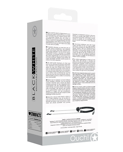 Shots Ouch Black &amp; White Breathable Ball Gag w/Nipple Clamps - Black