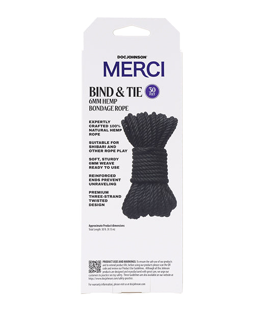 Merci Bind &amp; Tie Hemp Bondage Rope - 30 ft - Black