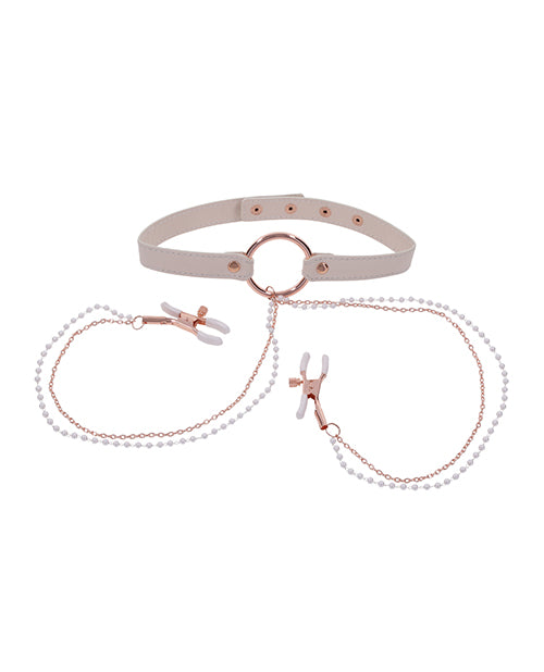 Sex &amp; Mischief Peaches &#039;n CreaMe Collar w/Nipple Clamps