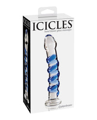 Glass massage product with blue spiral design in packaging, featuring the brand 'Icicles'.