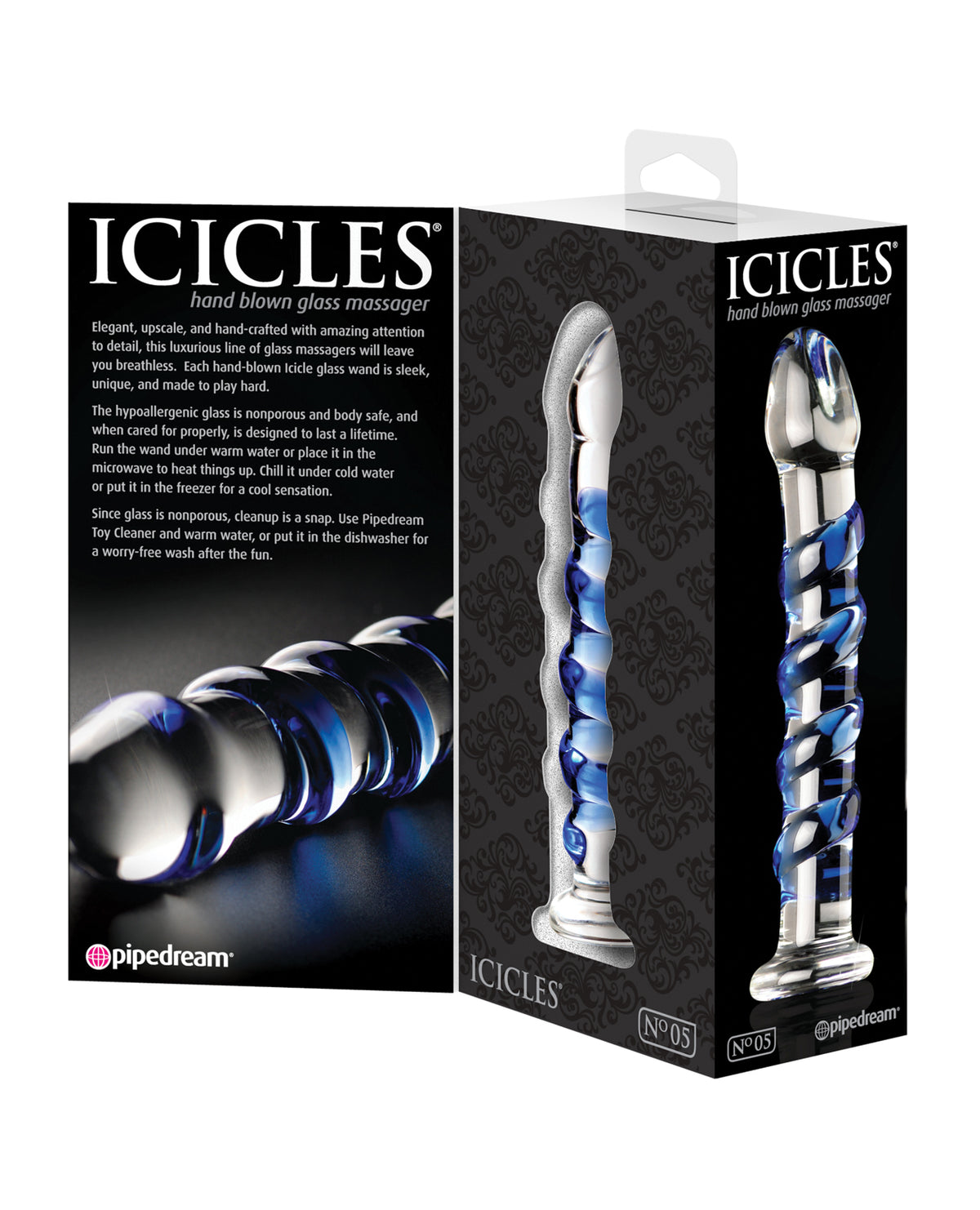 Boxed 'Icicles' glass massage product with detailed packaging
